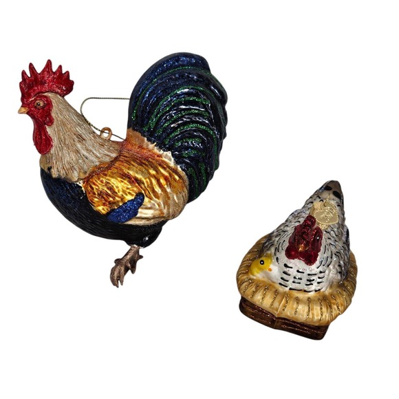 Old World Christmas Glass Hen Christmas Ornament Plus Bonus Rooster  ~ Holiday - Picture 1 of 8